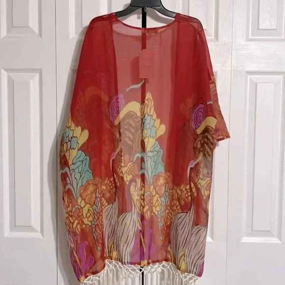 Anandas red fringe floral & birds wrap shawl cover cardigan top FREE size - Picture 5 of 13